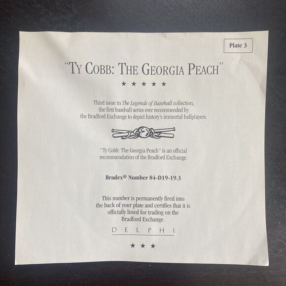 DELPHI TY COBB: THE GEORGIA PEACH LARGE 8" PLATE BRADFORD EXCHANGE - Picture 4 of 6